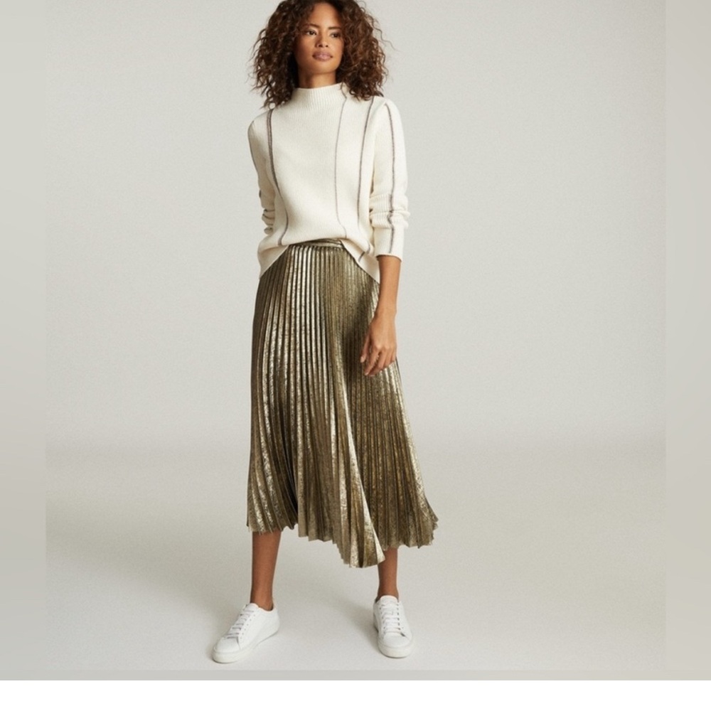 EUC Reiss Gold A-Line Pleated Skirt